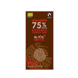 ALTERNATIVA-CHOCOLATE TABLETA 75% CACAO PERU BIO S/G 80 Grs.